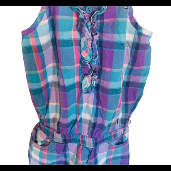TOMMY HILFIGER Spaghetti Strap Plaid Short Romper With Pockets Purple Girl 6Y - Picture 4 of 10